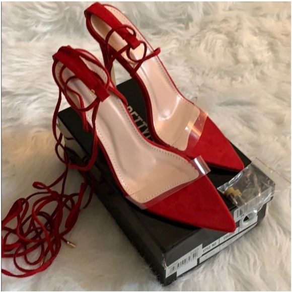 PLT Red Ankle Lace up Heels Size 8 - Picture 3 of 10